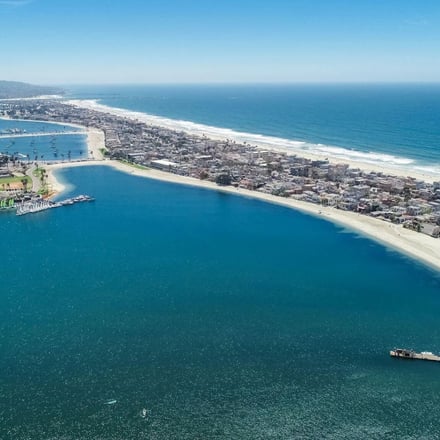 Aerial view of Mission Bay and Pacific Beach coastline
