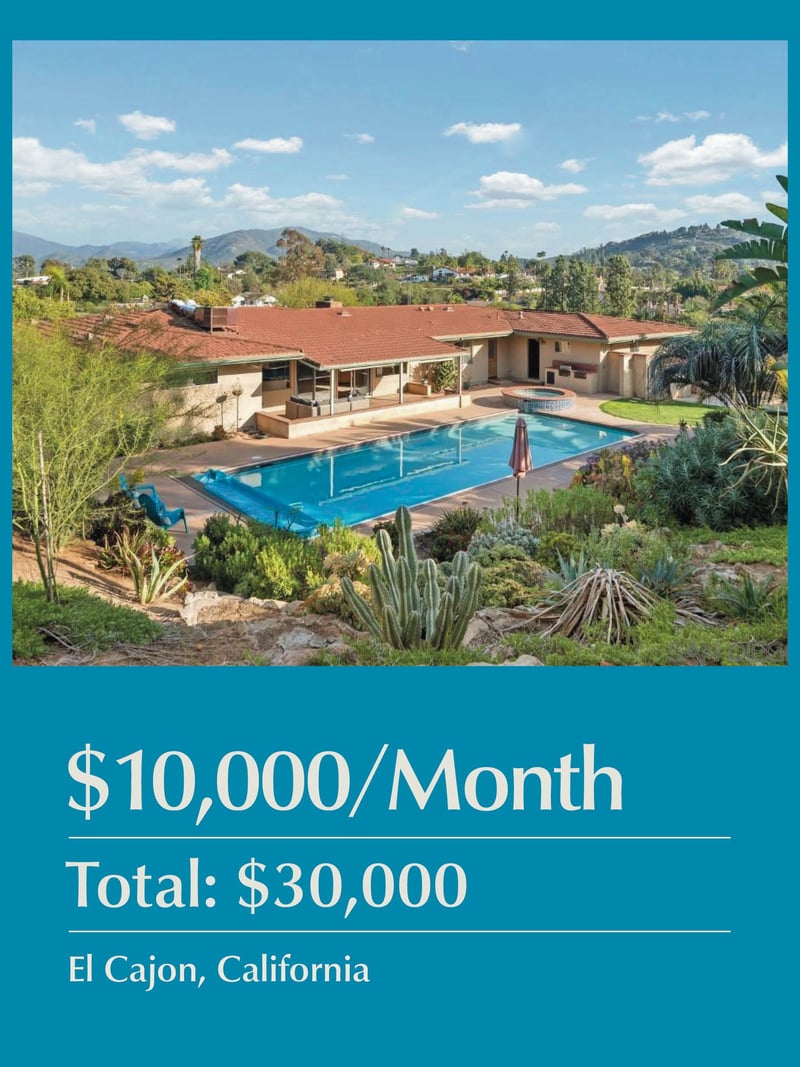 Mid-century home with terracotta roof, covered patio, and rectangular swimming pool surrounded by desert landscaping and mountain views