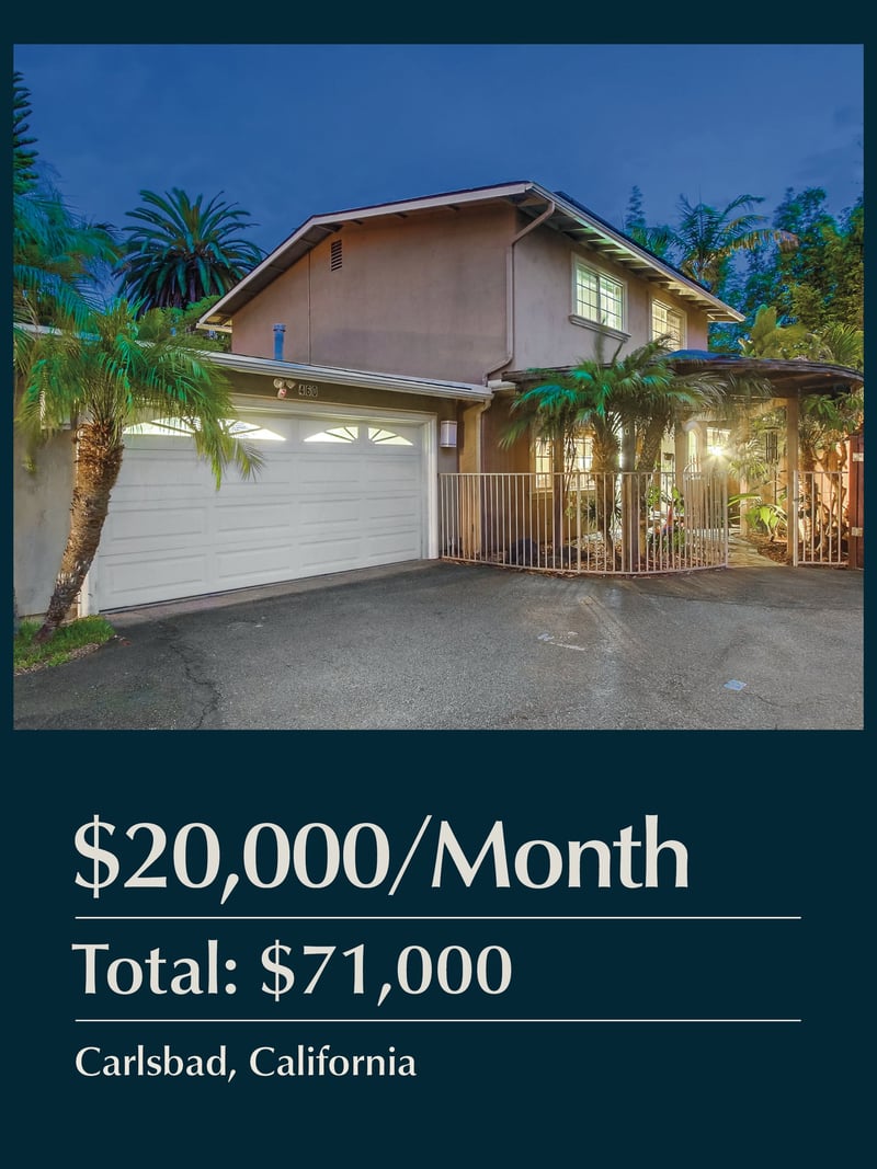 Two-story beige house with white garage, palm trees, and covered porch at dusk